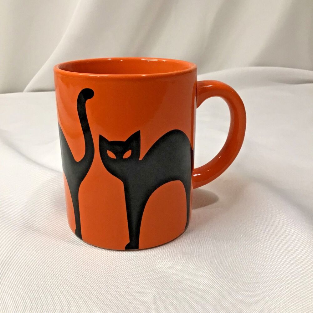 Crate and Barrel Halloween Black Purple Cat 12 oz Coffee Mug